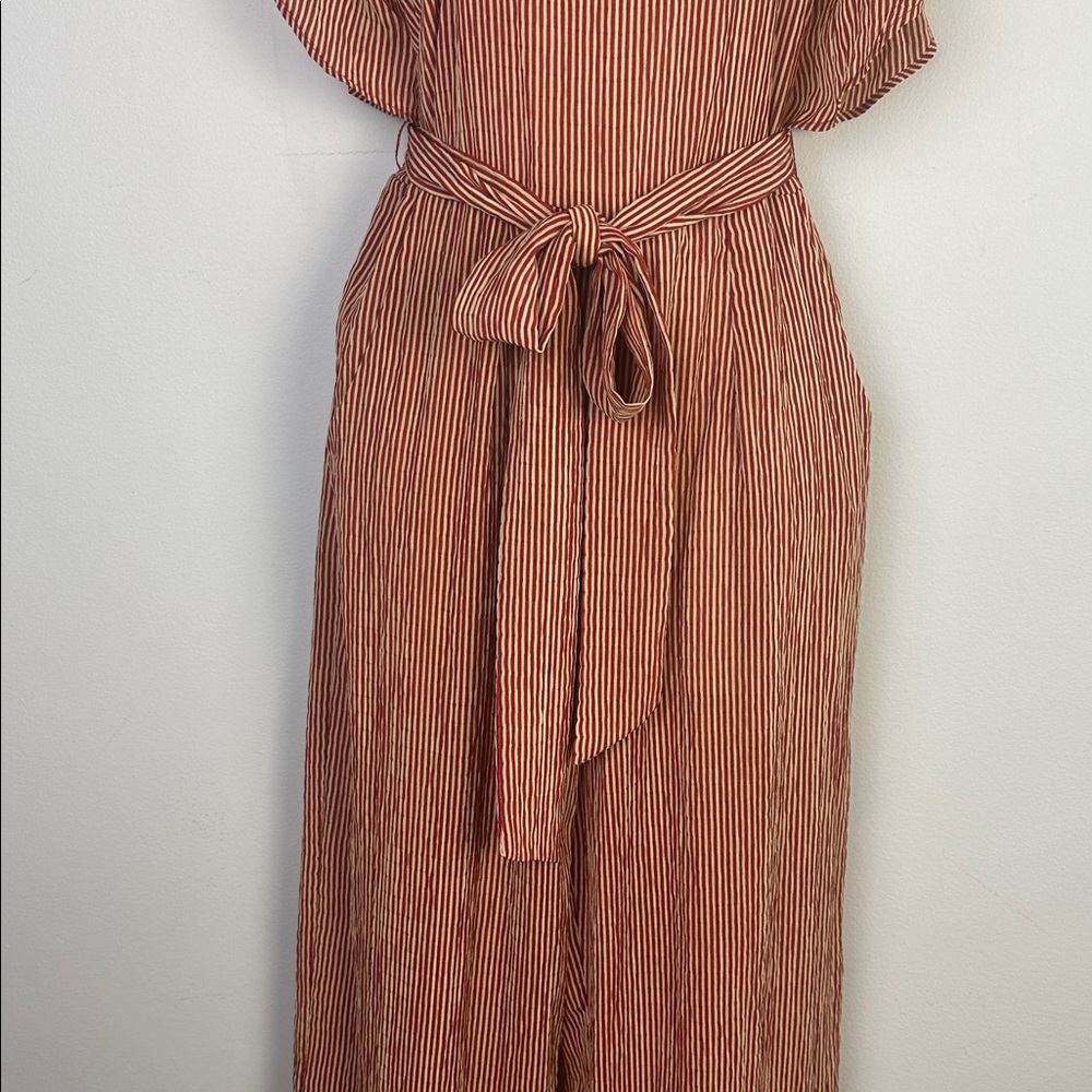 Anthropologie Eva Franco Ruffle Striped Jumpsuit in Terracotta Small Pockets - Picture 5 of 16